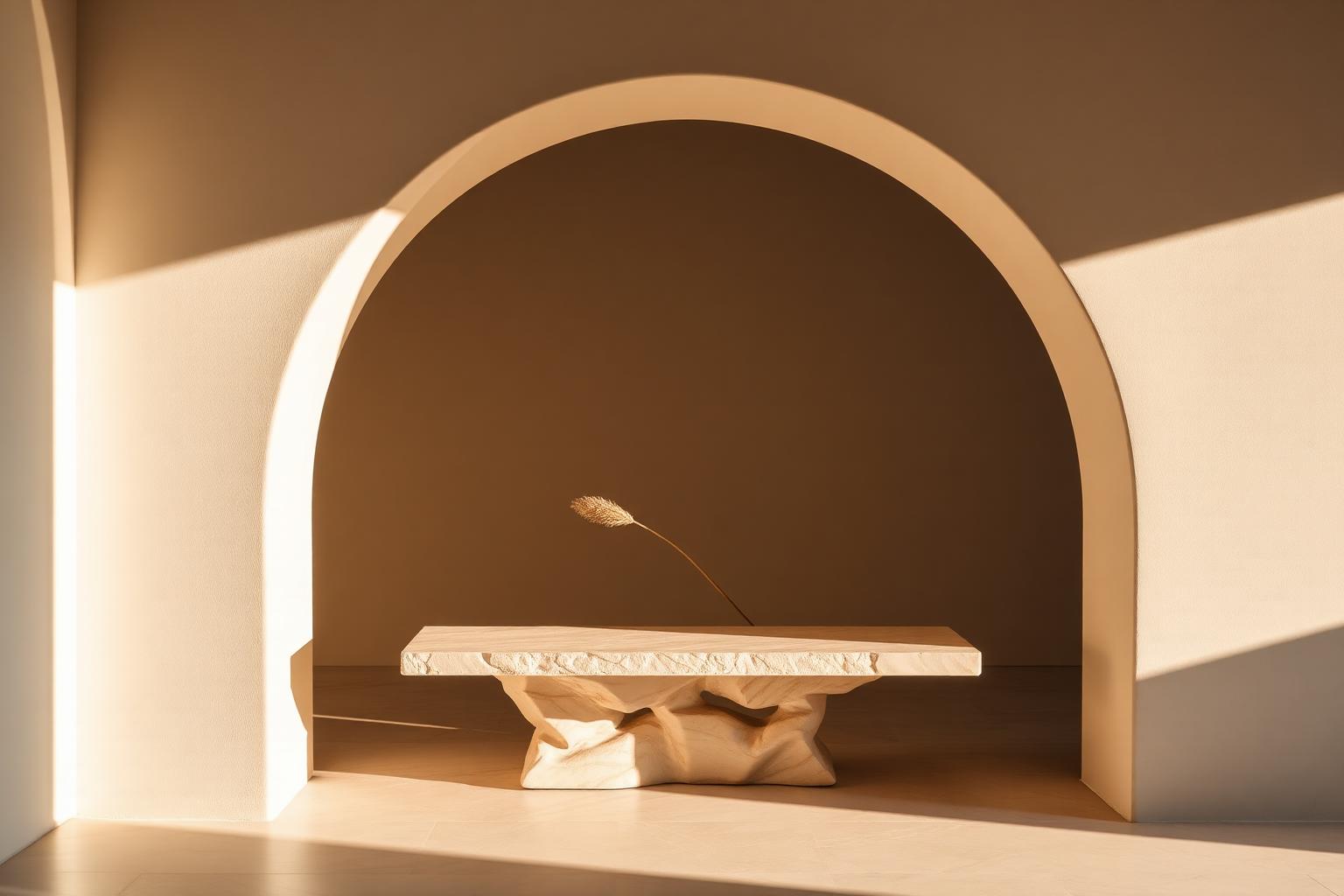 Sculptural travertine bench beneath a plaster archway inside Lumen Skin Studio